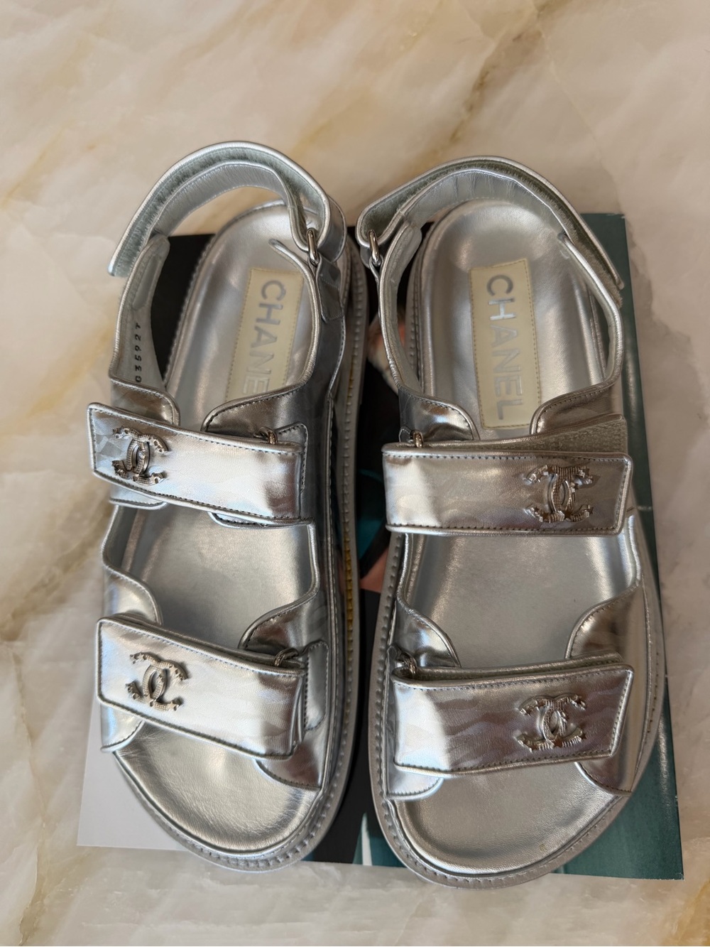 CHANEL Silver Double-Strap Sandals Size 38